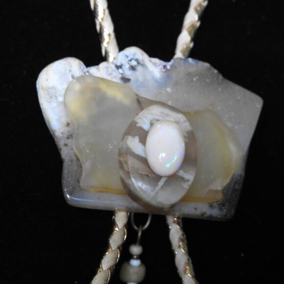Handmade Artisan Moss Agate & Mexican Opal Bone Silver Bolo Tie - Picture 3 of 7